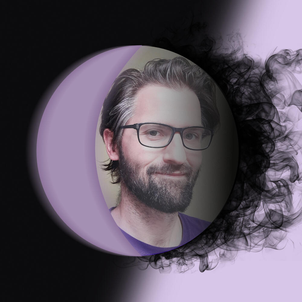 Markus Photo of Markus set into a waning crescent moon, with shadows emanating from its dark side.