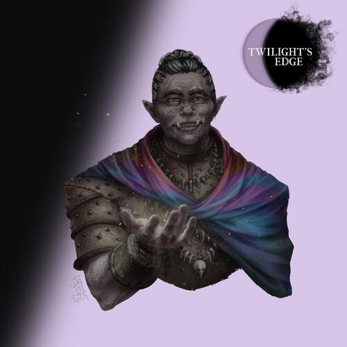 Illustration of Zehkhun, an ashen-skinned orc, wearing a shawl with soft colors. His outstretched palm holds a white healing light.