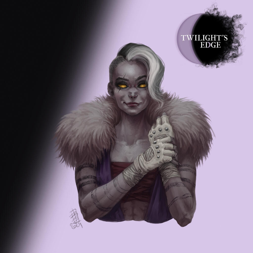 Sombra An illustration of a fetchling woman, grey skinned and yellow eyes. Wearing white shag around her shoulders and clutching her white fighting gloves.