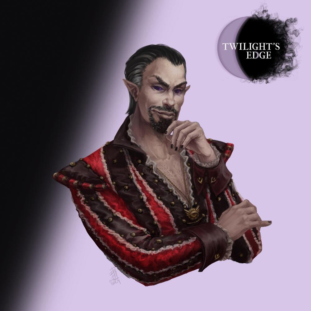 GM Chrifu An illustration of a pale aiuvaran man. A greying widows peak, and dark goatee, with pointed eyebrows and pointed ears. Wearing a black and red brocade doublet, with an amulet of Aroden around his neck.
