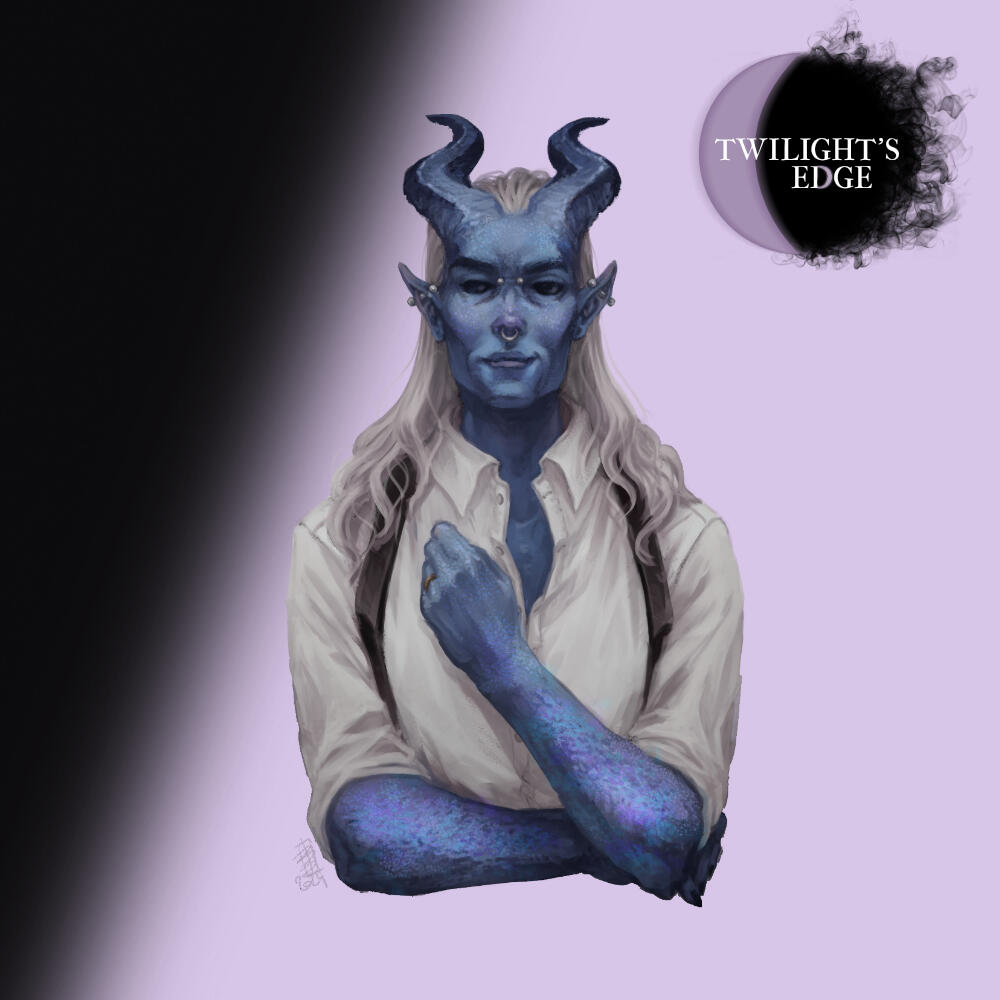 Lowen An illustration of a blue-skinned hellspawn person, with slight scales on their arms. Behind their tall blue horns is long white hair. He has several facial piercings, and is wearing a white button up shirt with suspenders.