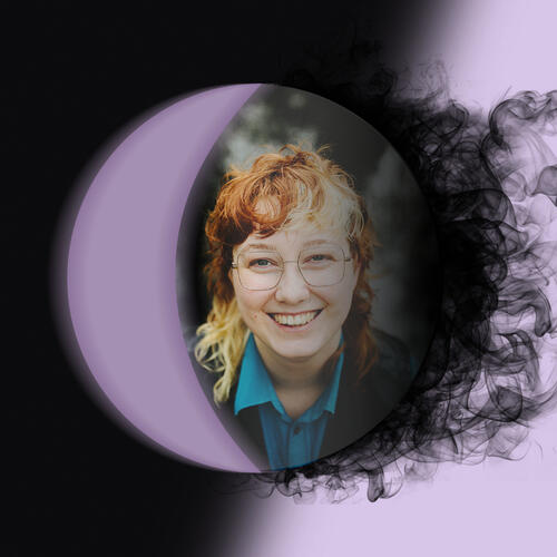 A photo of Anna, set into a waning crescent moon, with shadows emanating from its dark side.