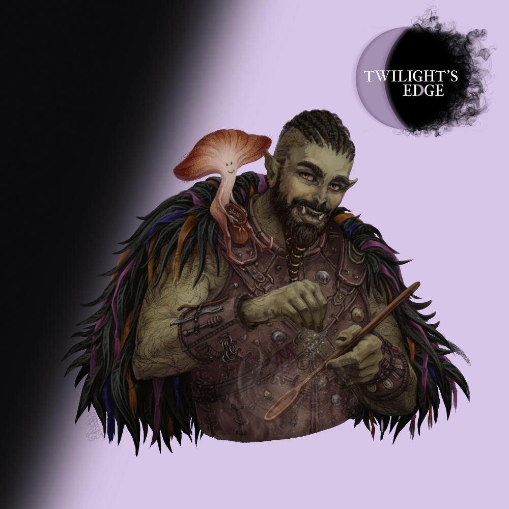 Nikau An illustration of a green skinned orc, with long braided dark beard and a braided mohawk. He's wearing a shaggy dark cloak with multiple colors woven into it. A small mushroom leshy is sitting on his shoulder, and they are busy cooking.