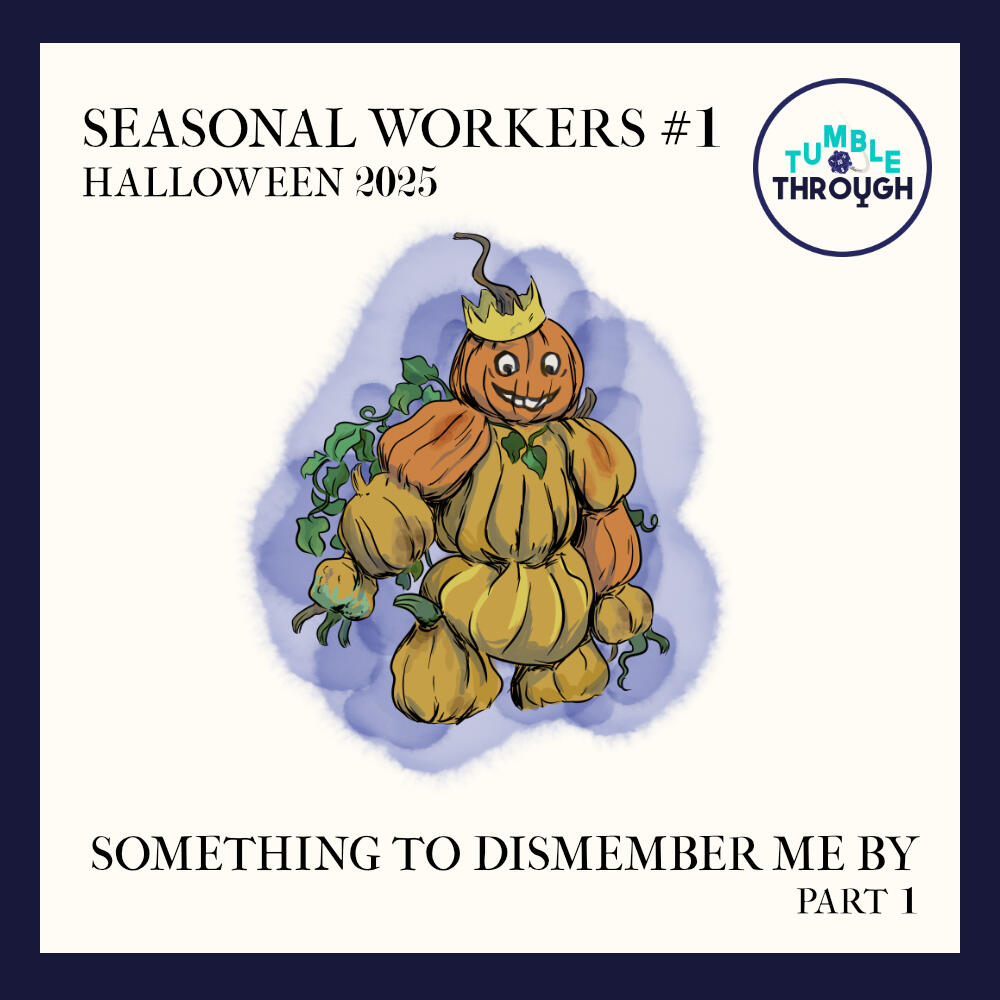 The Pumpking Illustration of a humanoid creature made out of pumpkins, with a crown on the top of its grinning pumpkin head.