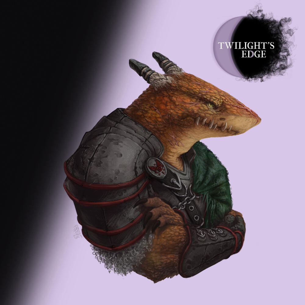 An illustration of Flint, a kobold with orange/brown scales, horns with metal caps on them. He's wearing armor and a green shoul